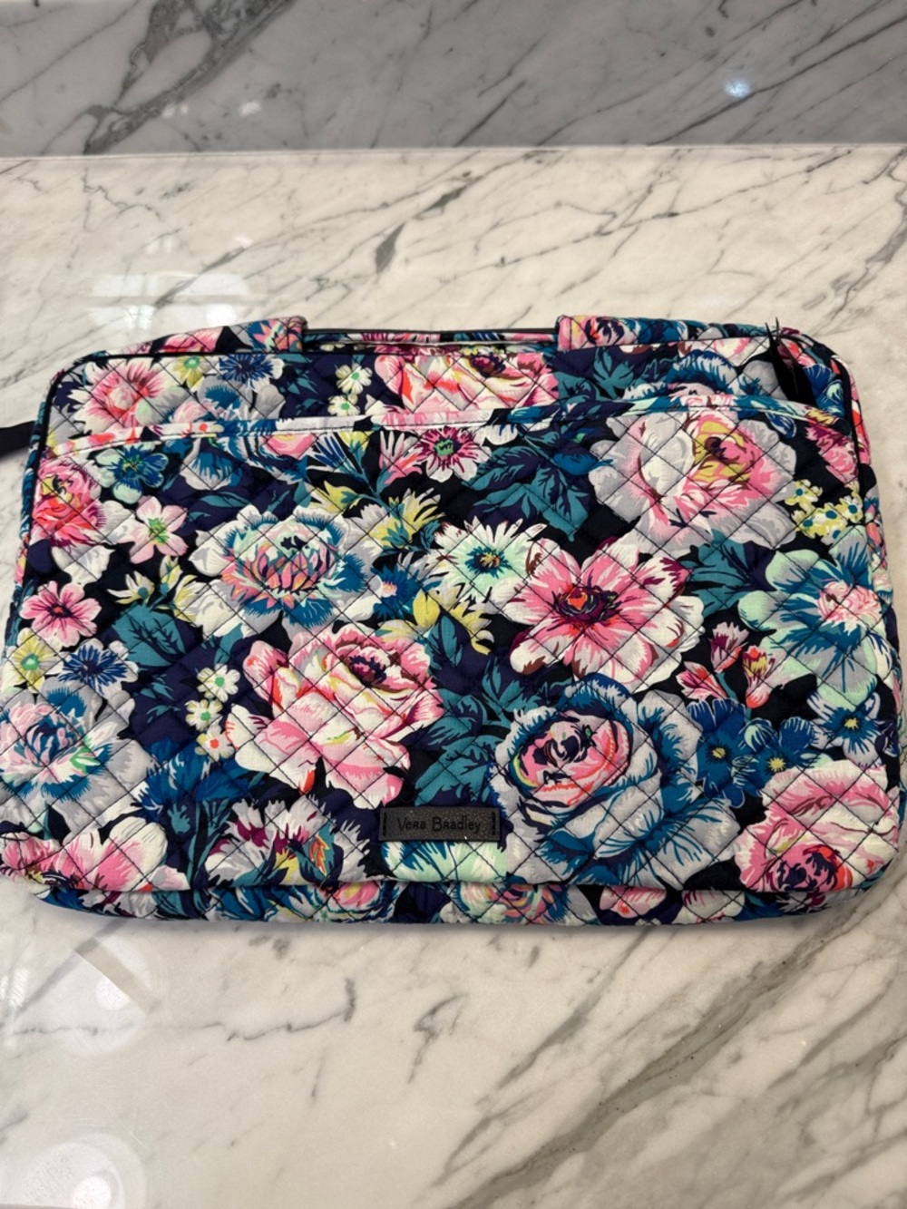 Vera Bradley Quilted Floral Laptop Sleeve - Navy with Pink & Blue Blooms